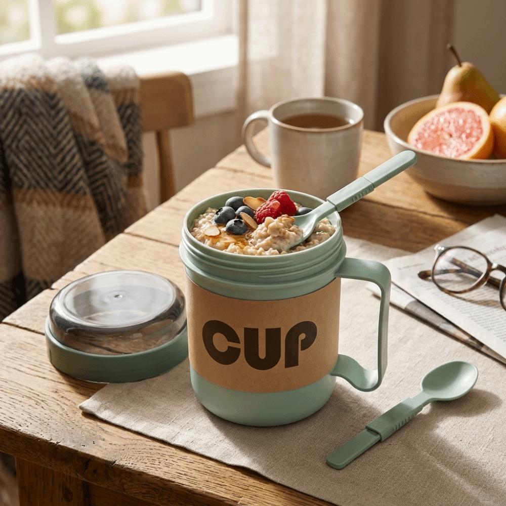 Leak Proof Lid Breakfast Cup Built in Spoon Portable Cup Daily Food Mug with Spoon Picnic Camping