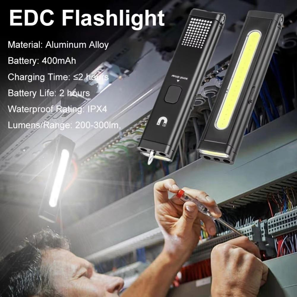 USB-Type-C Rechargeable Mini LED Flashlight Ruler Scale Design Hidden Screwdriver Magnetic Work Light 300LM Brightness 8 Modes