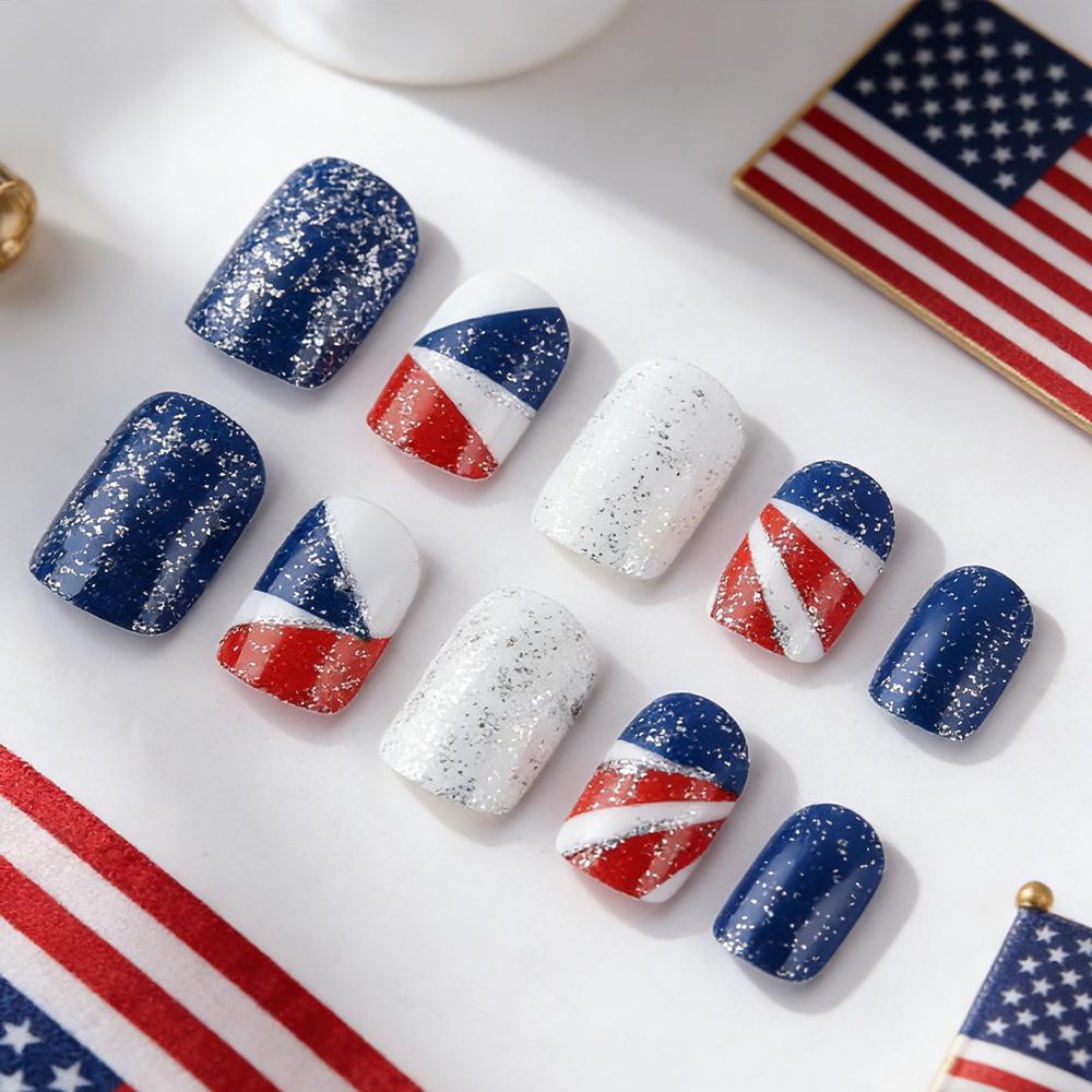 Independence Day Wearable Square Nails: Red, Blue, White Color Block with Stripes & Silver Glitter, European/American Style, 24-Piece Set