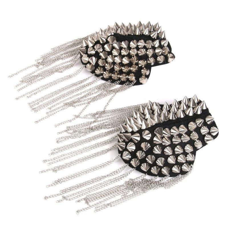 1Pc Punk Skirt Silver Rivet Tassel Necklace Epaulet Shoulder Flap Badge