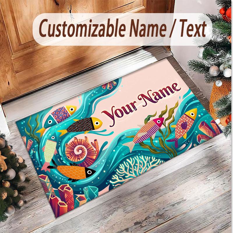 Fish Ocean Theme Soft Crystal Velvet Rug Custom Name & Text Print Non Slip Floor Rug for Bedroom Living Room