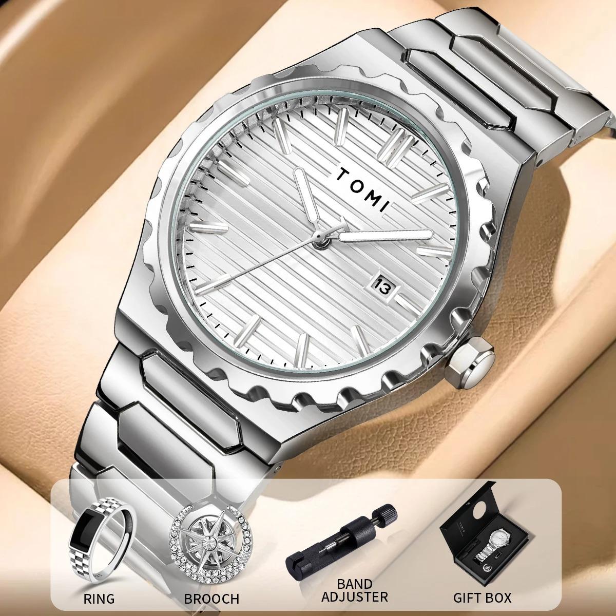 

New 4PCS Luxury Men Watch Gift Set High Quality Steel Strip Striped Dial Calendar Men Quartz Watch Clock Gifts Reloj білий
