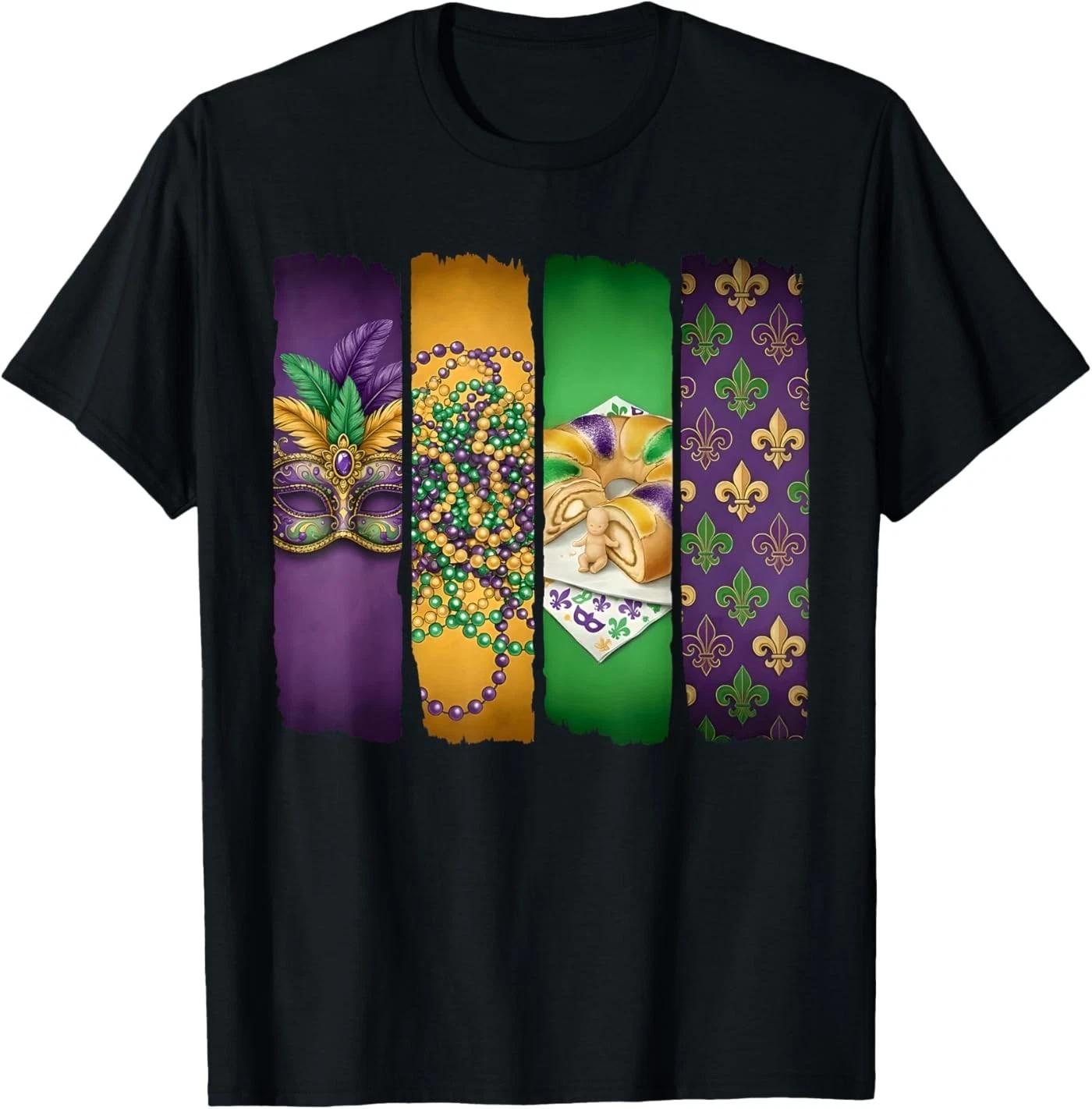 Mardi Gras Four Panel New Orleans Fleur-De-Lis King Cake T-Shirt L