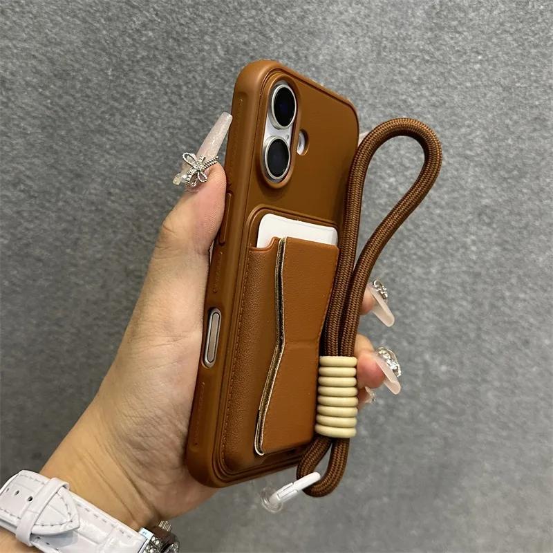Moda Cüzdan Kredi Kartı Yuvası Arkasında Kordonlu Kapak iPhone 17 Air 13 Pro Max 12 11 Xr 14 15 16 Pro Max İçin PU Deri Kılıf