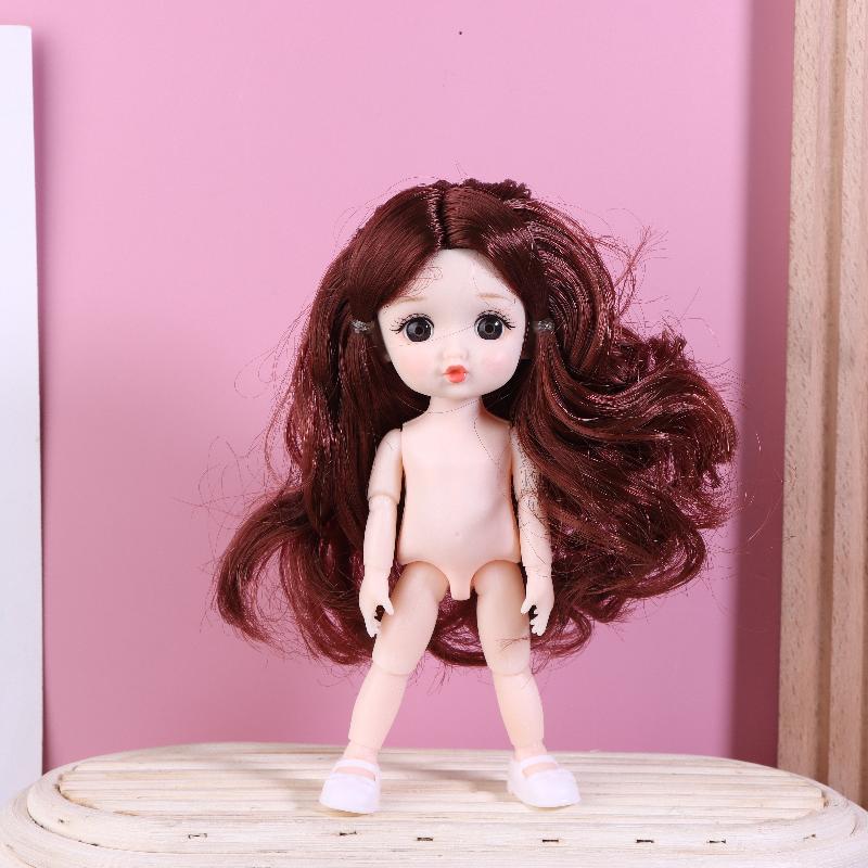 1 Set Nude Doll 3D Simulation Eyes 13 Joint Black Long Hair 1/8 17Cm Doll Plastic Doll Head Toys With Gold Brown Hair Kids Gift