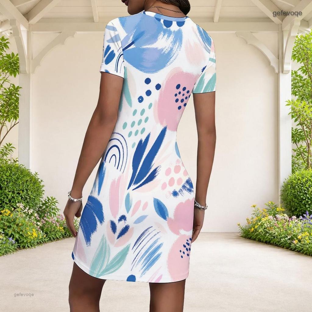 Women Plus Size Round Neck Short Sleeve Geometric Printed Fitted Mini Dress