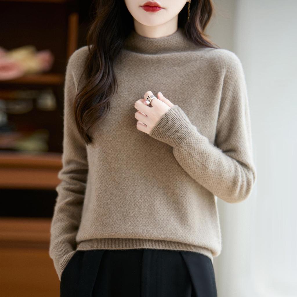2026 Fall/Winter Women's Pure Wool Honeycomb Knit Sweater - Half-High Neck, Seamless, Solid Color Pullover