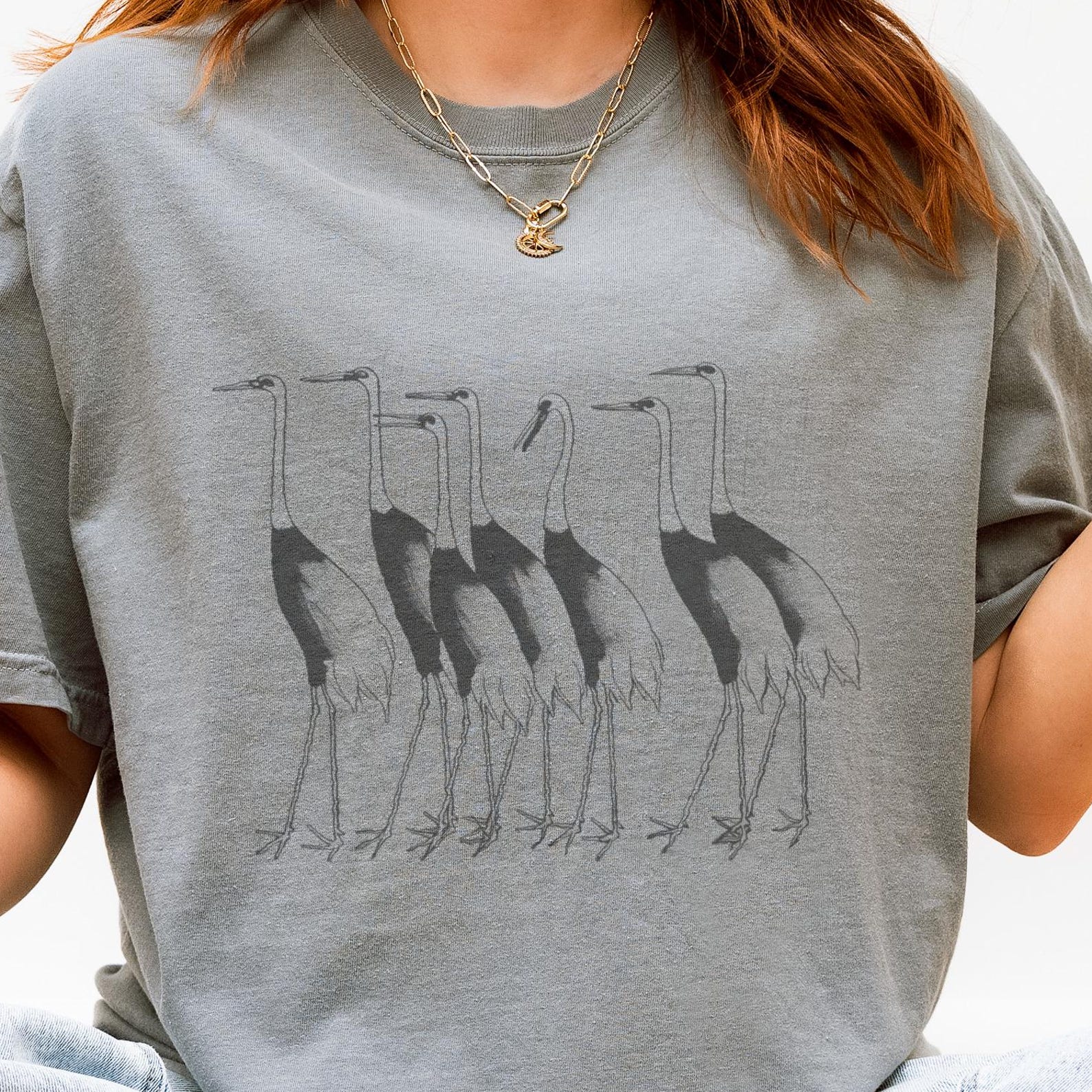Japanese Red Crown Crane T-Shirt, Unisex Bird Art Tee Line Sketch Minimalist Comfort Colors 140