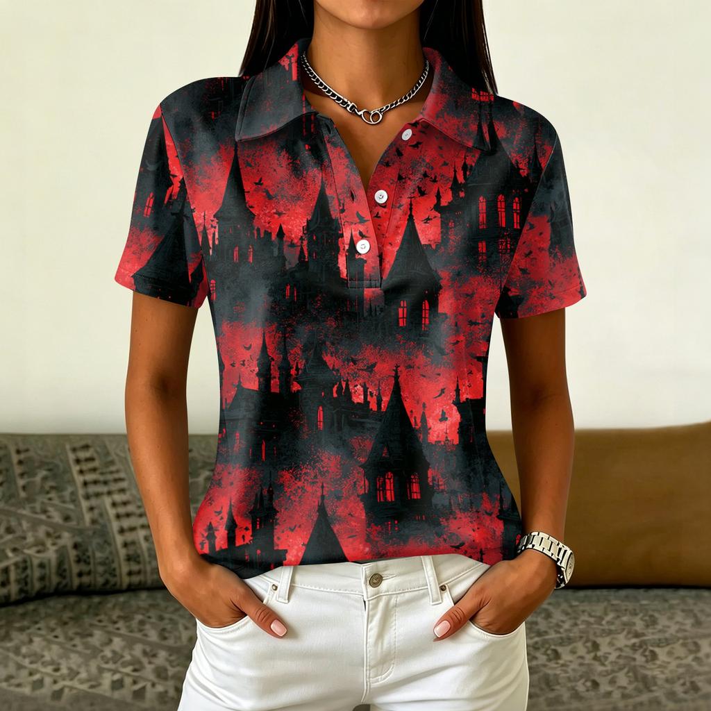 Women's Casual Button Short Sleeve Collar Top with Halloween Print