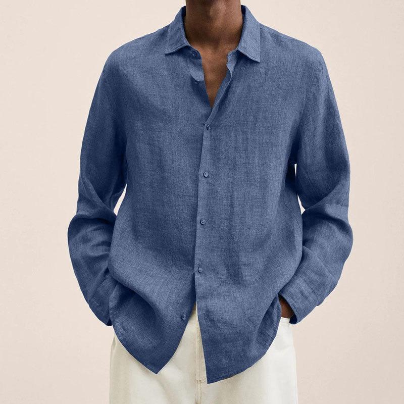 Men's Linen Cotton Long Sleeve Shirt Casual Loose Fit Button Down Collar Breathable Solid Color Summer Tops For Men