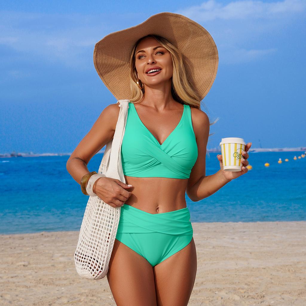 Women’s Summer Solid Color Bathing Suit Sexy Bikini Swimsuit, Two-Piece High-Waist Swimwear Set