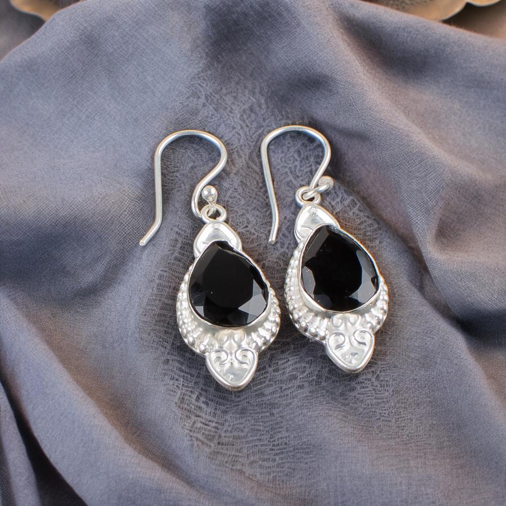 Pierre Précieuse Onyx Noir Argent 925 Poinçonné Bijoux Boucles d'Oreilles Fait Main 1.80" Pour Cadeau EE-42-13
