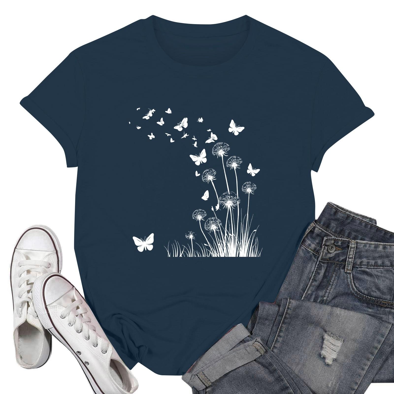 

Женские модные повседневные пуловеры с короткими рукавами и круглым вырезом с принтом XXXL тёмно-синий