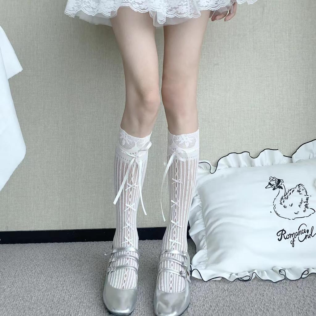 Hollow Beige Lace with Bow Mid-tube Socks Children's Summer Thin Straps Calves Stacked Mesh Socks Mary Jane