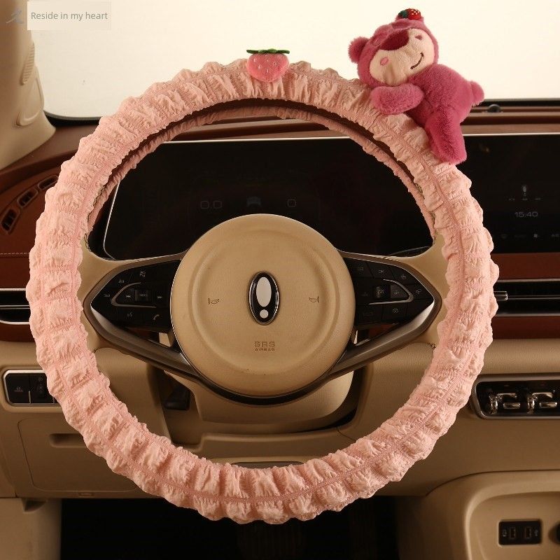 Car Steering Wheel Cover for All Seasons, Cute Pink Z Strawberry Bear, Women's Sweat-Absorbent D-Shaped Handlebar Cover, Women's Winter Model