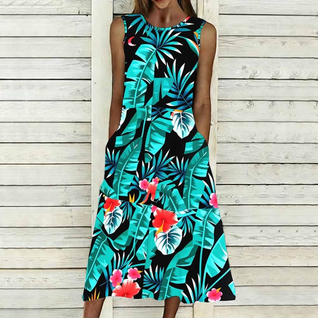 Oversized Women Sleeveless Round Neck Dress Stylish Multicolor Floral Branch Flowy Mid Calf Dress