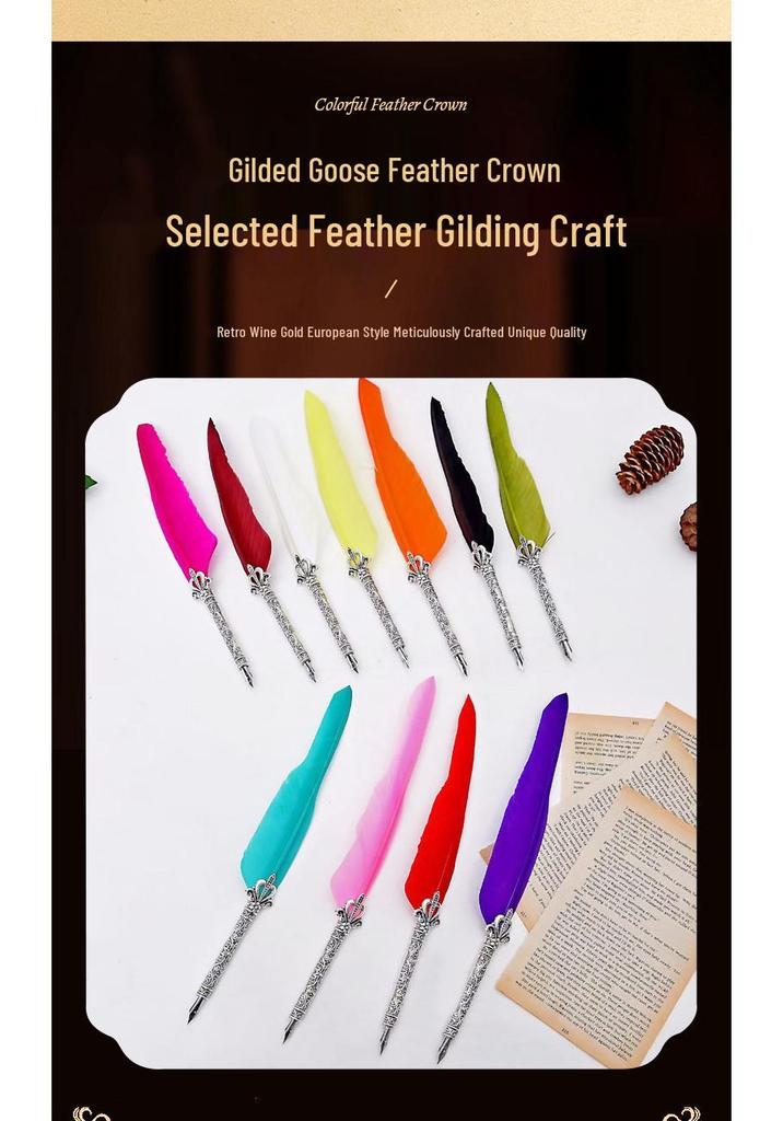 Goose Feather Pen Set with Carved Base and Stainless Steel Nibs - Unique Gift