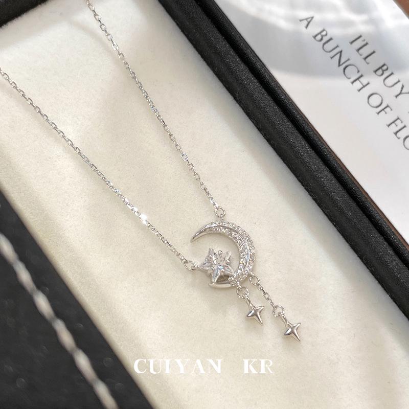 Sterling Silver Korean Star Moon Tassel Necklace for Women – Light Luxury Clavicle Chain