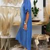 Dameslos Denim Maxi Jurk Grote Maten Omgeslagen Kraag Halve Mouw Casual Lange Jurk