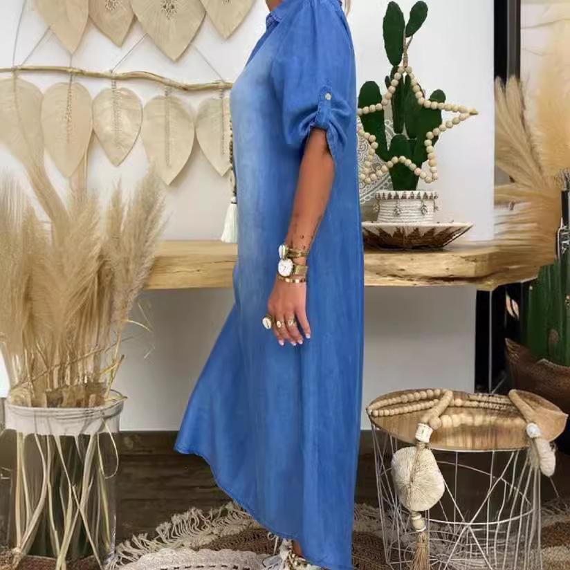Dameslos Denim Maxi Jurk Grote Maten Omgeslagen Kraag Halve Mouw Casual Lange Jurk