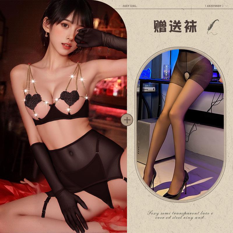 Sex underwear women's love chain hollow perspective temptation mesh bed teasing abstinence soul set