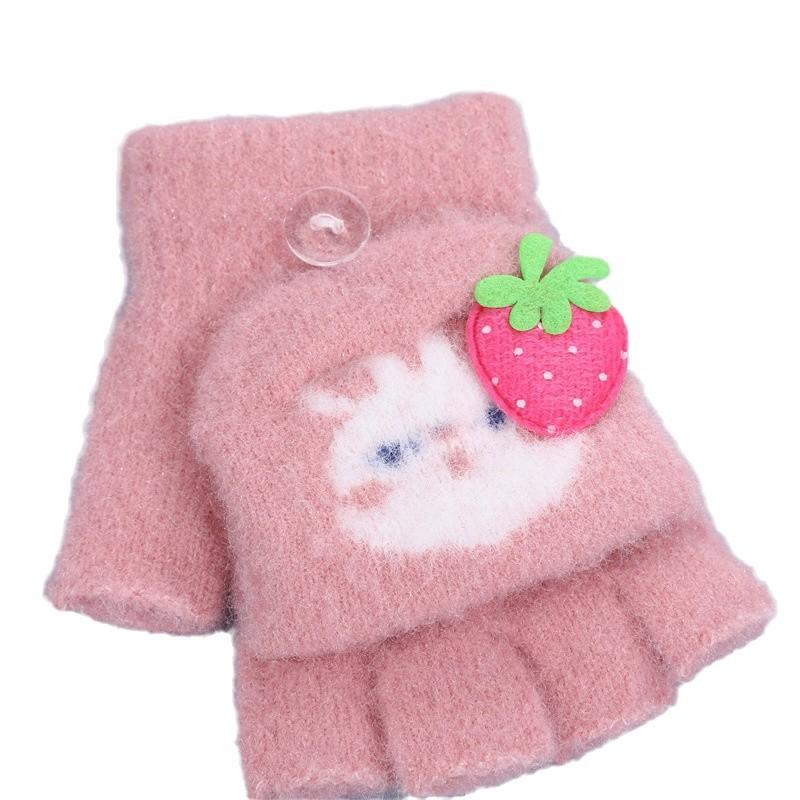 Kinderhandschuhe mit Langohren und Kaninchenmotiv, süß, warm, verdickt, Fünffinger-Klapp-Schriftzug, gestrickt, kälte- und winddicht, für kleine Mädchen