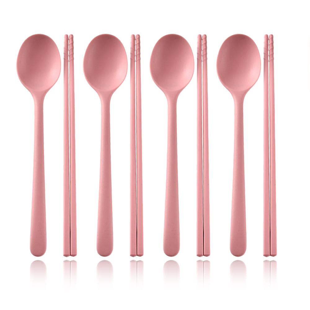 

8Pcs/Set Korean Long Handle Chopsticks Spoon Cutlery Set Reusable Silicone Non-slip Sticks Sushi Food Soup Tableware Set розовый