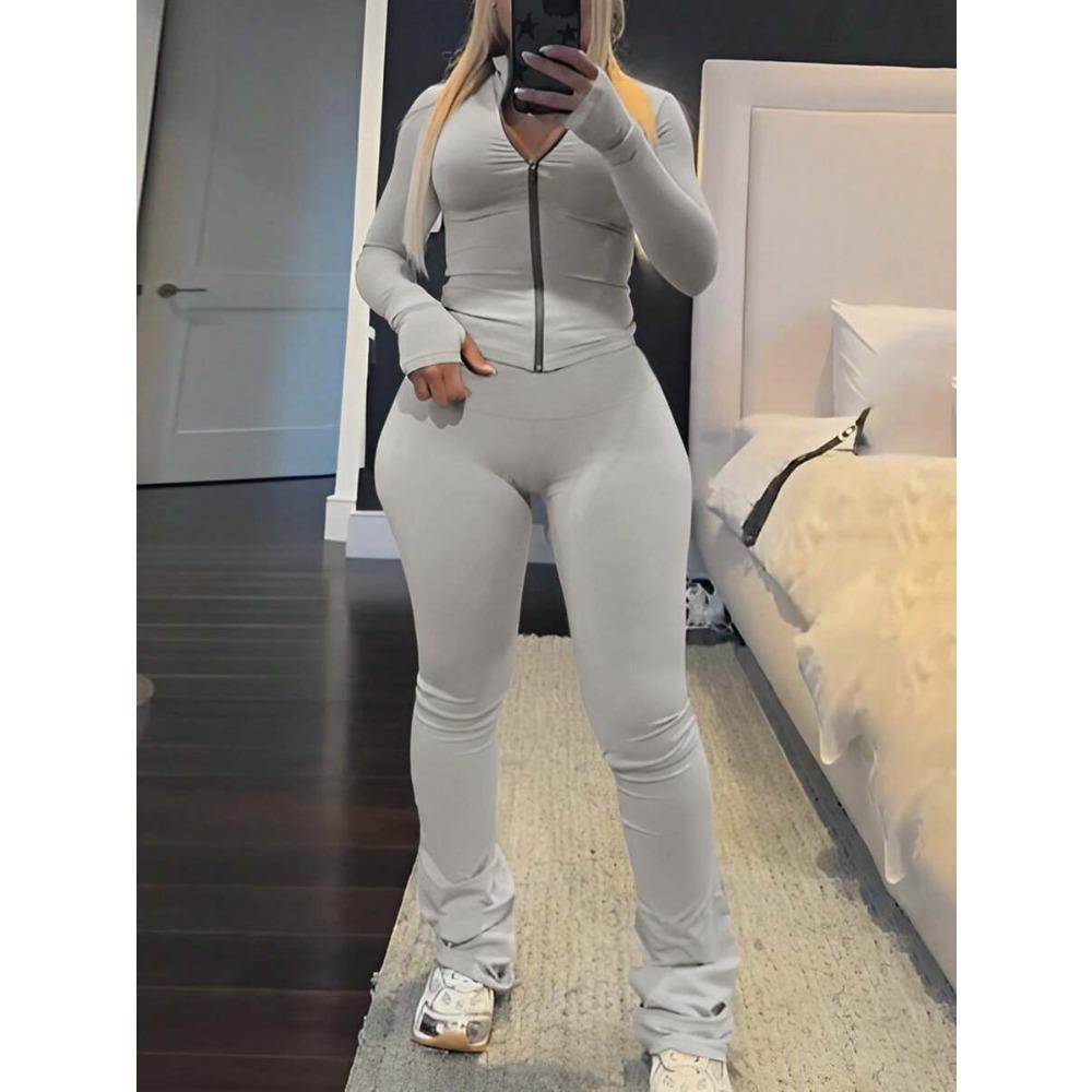 Women's Slim Fit Tracksuit Long Sleeve Zip Front Cardigan High Waist Flared Leg Pants Matching Two Piece Outfit