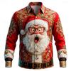 Men's Christmas shirt, Santa Claus 3D printed cartoon smiley face shirt, lapel long sleeve, fashionable design shirt XS-6XL