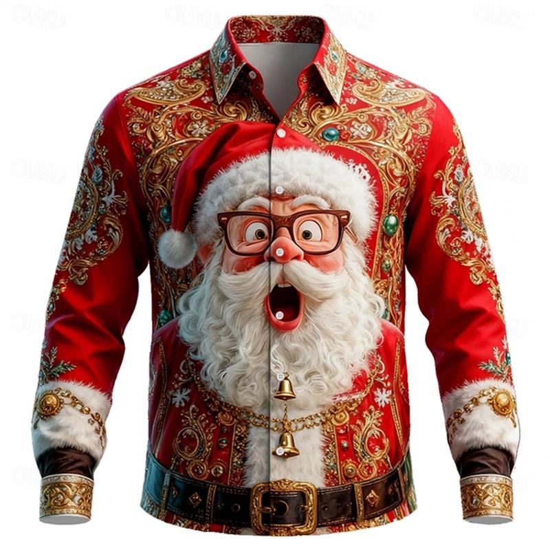 Men's Christmas shirt, Santa Claus 3D printed cartoon smiley face shirt, lapel long sleeve, fashionable design shirt XS-6XL