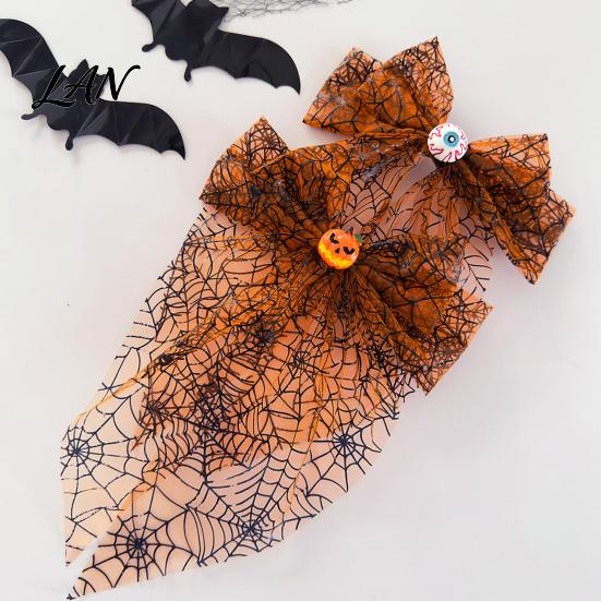 Lightweight Hair Clip Halloween Spider Web Bow Clip, Pumpkin Eyeball Tulle with Long Tails, Women Accessories for Holiday Party