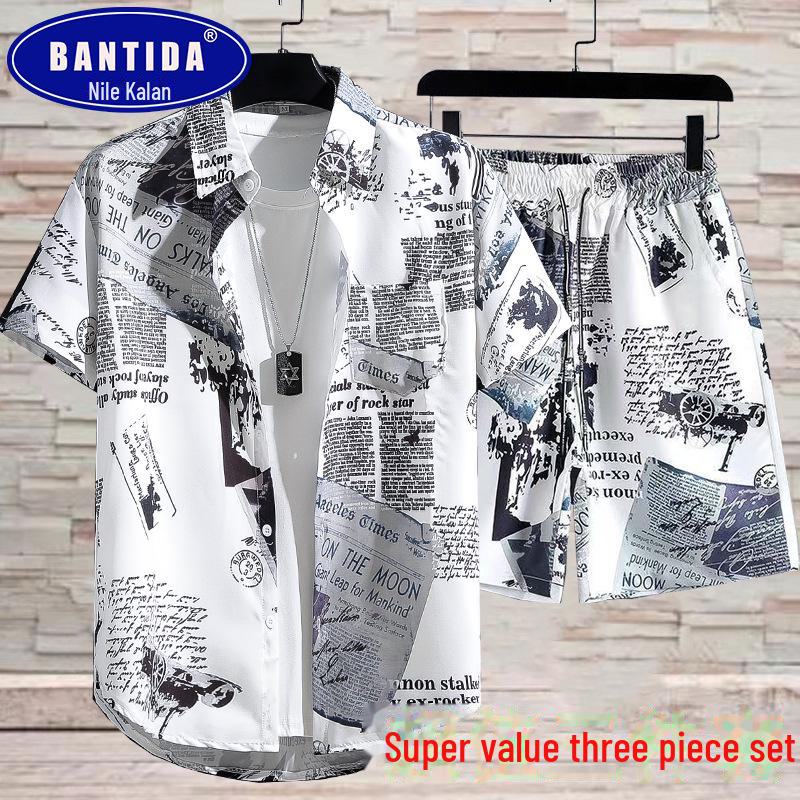 

Мужской повседневный спортивный комплект из трех предметов с цветочным принтом: Свободные пляжные шорты, универсальная рубашка, модная парная униформа 3XL (155-170 kg)