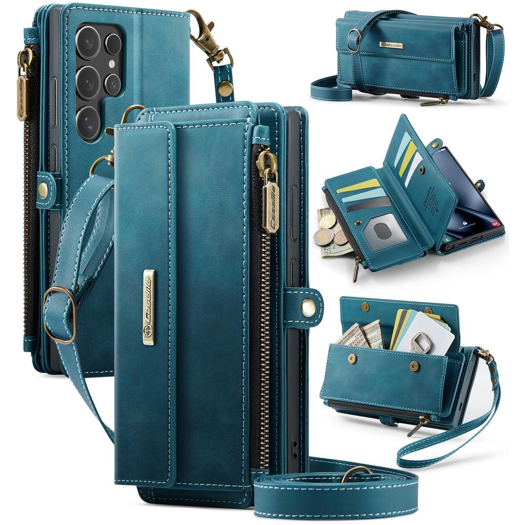 CASEME C39 Series For Samsung Galaxy S25 Ultra Case RFID Blocking 9 Card Slots Zipper Wallet Stand Leather Cover with Strap