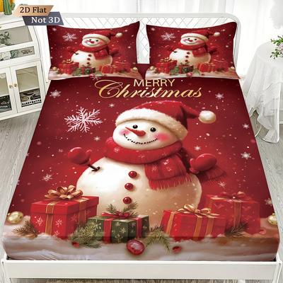 3pcs Christmas Snowman Red Printed Chipless Bed Sheet Set Multi Size Soft Bed Cover Bedroom Bedding Decoration Machine Washable