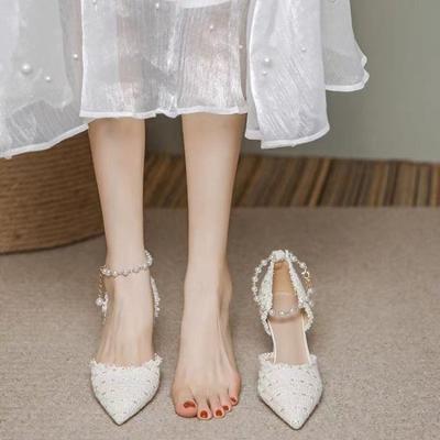 Mode Damen Pumps Xiaoxiang Stil Hochzeit Luxusmarken Design Schnur Perlen Perlen Hohe Absätze Dame Sexy Elegant Spitzzehen Perlen Schuhe