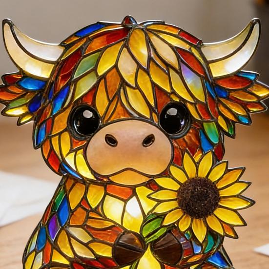 Cute Highland Cow Night Light 3D Resin Stained Glass Cow Table Lamp Rustic Animal Sunflower Bedside Lamp for Home Office Bedroom Living Room Desk