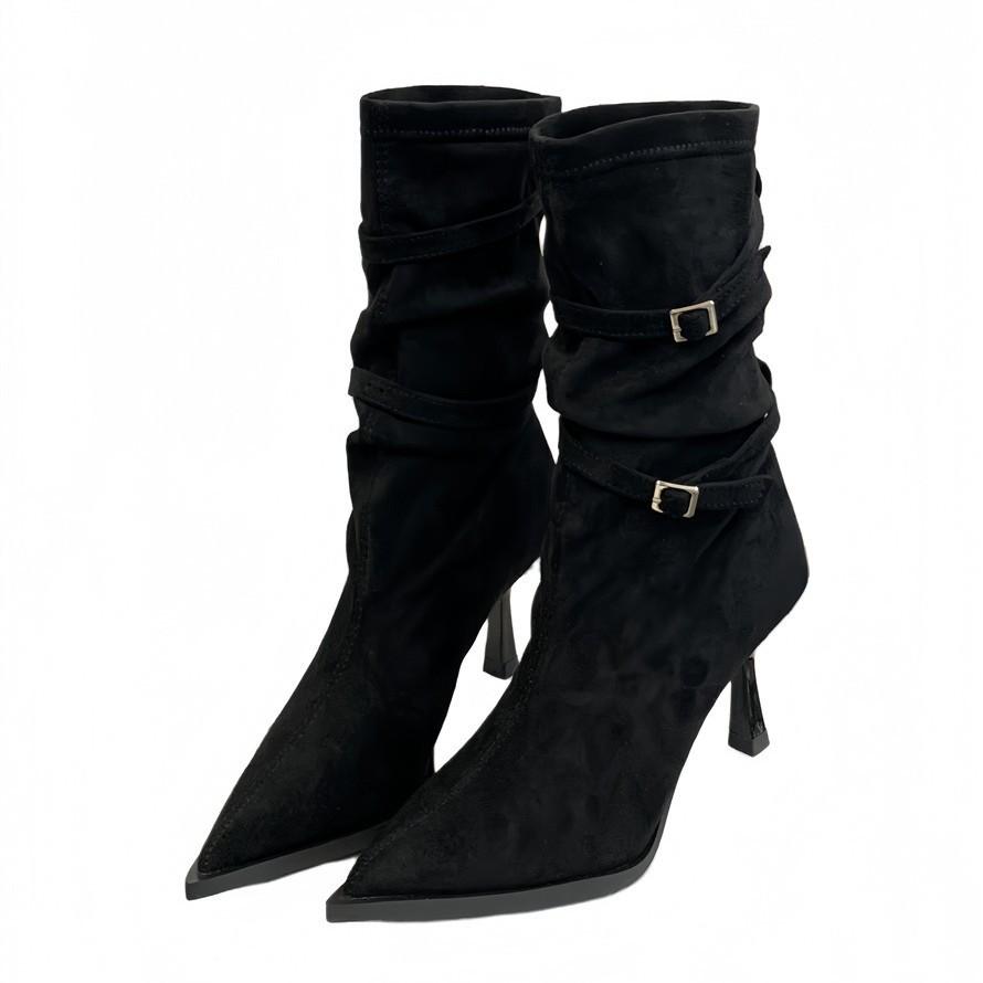 Fashion Fine Boots 2025 Autumn and Winter Thin Strap Pointed Suede Thin Heel High Boots But Knee High Heel Boots Women's Shoes
