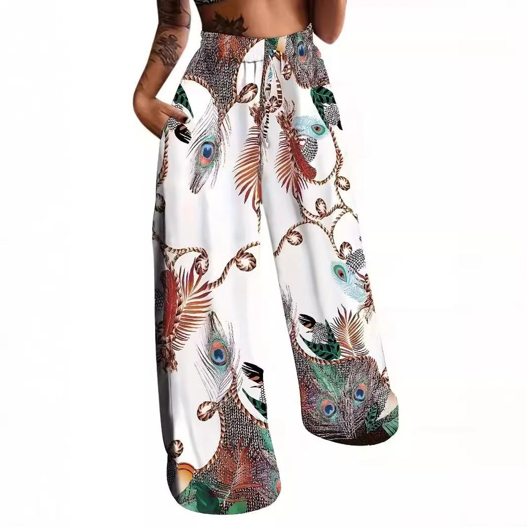 Autumn Fashion Casual Wide Leg Pants with Lace Up Positioning Printed Oversized Women’s Pants & Capris
