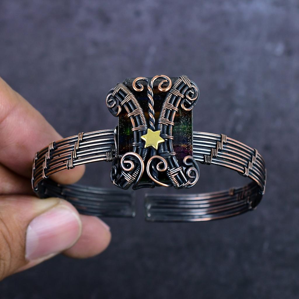 Ammolite Gemstone Handmade Copper Wire Wrap Cuff Bangle Adjustable ET-4972