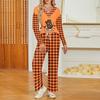 Conjunto de pijama de manga larga con cuello en V y corte holgado para mujer con estampado de Halloween y bolsillos