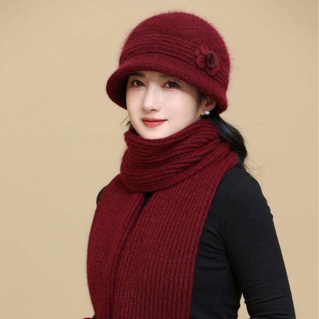 New Autumn and Winter Warm Rabbit Hair Hat Woman Mother Hat Set Old Lady Thickened Pot Hat Fashionable