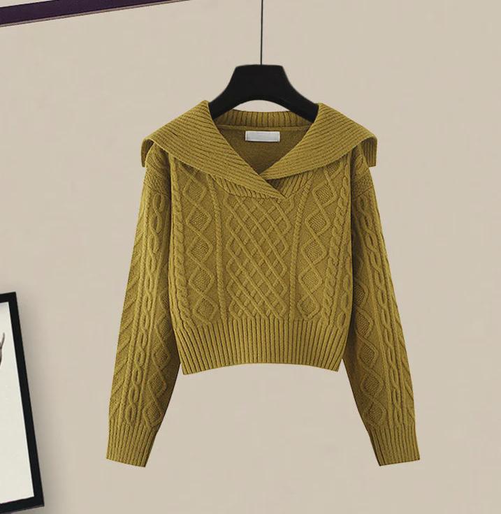 Navy Collar Retro Japanese Lazy Style Sweater & Skirt Set - Autumn 2024 Collection.