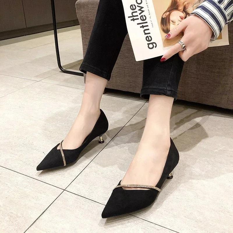 Fashion Normal Leather Casual with Crystals Ladies Footwear Green Thin Heels Women's Shoes Rhinestone Pointed Toe Low Heel Elegant
