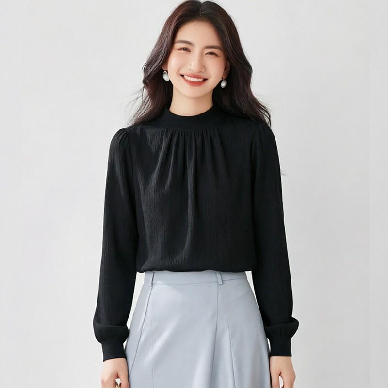 Elegant French Style Beige Chiffon Blouse Women Loose Fit Long Sleeve Shirt With Flattering Cut