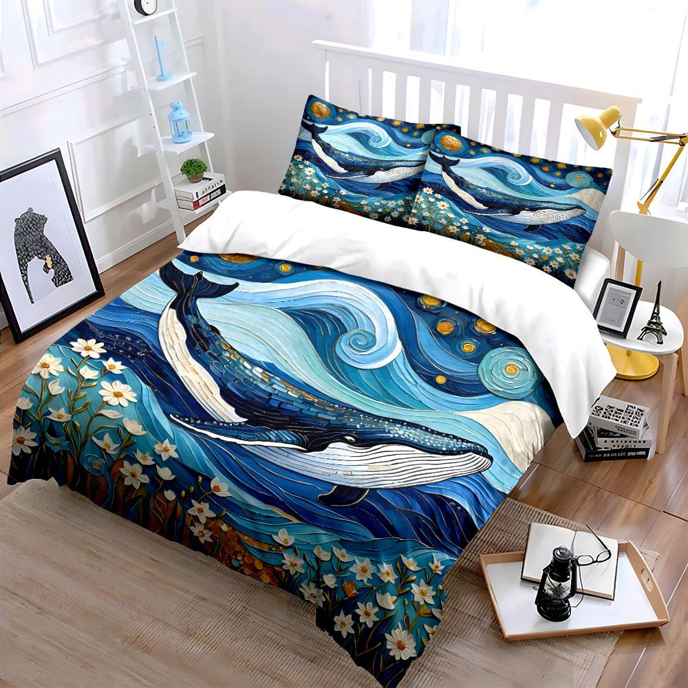 Whale, Waves, Flowers, Stars Print Bedding Set 1 Duvet Cover 2 Pillowcases for Adult and Children Luxury Gift Full Size