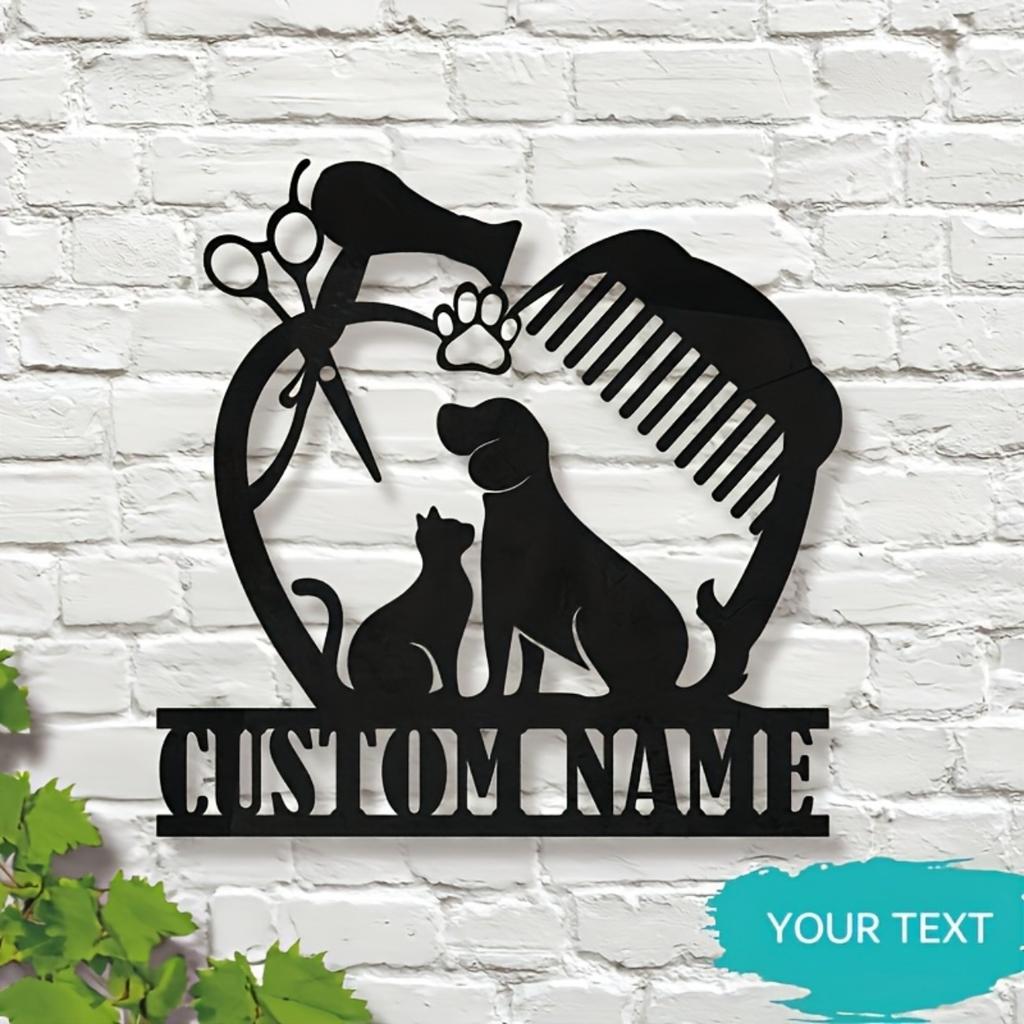 Customizable Dog Grooming Metal Sign, Elegant Pet Stylist Wall Art, Durable Fashion Mural