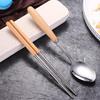 Stainless Steel Cutlery Set with Wooden Handles - Includes Chopsticks, Fork & Spoon for Students and Outdoor Travel.