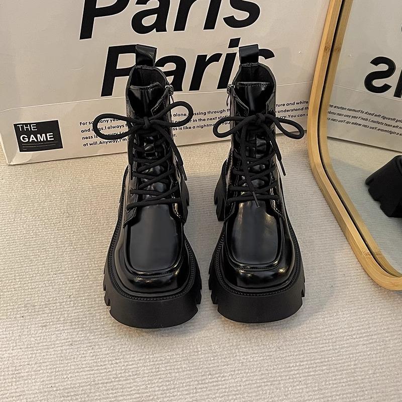 

Черные ретро ботинки Мартин на высокой платформе, осенние новые облегающие ботинки на толстом каблуке, мотоциклетные ботинки для женщин 40