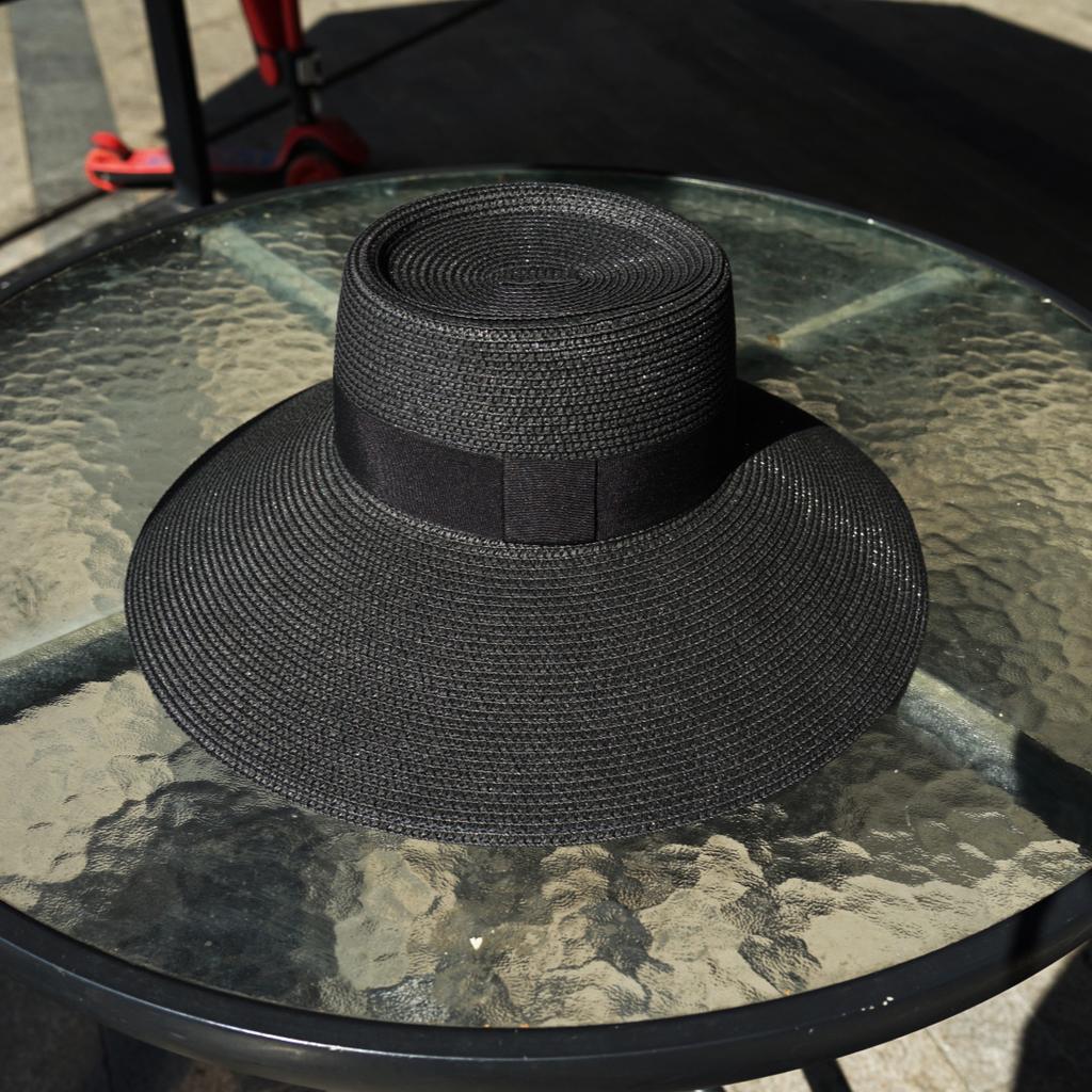 French Vintage Hepburn Black Big Eaves Bell Hat Top Hat Women'S Summer Shade Sun Protection Resort Beach Sun Straw Hat
