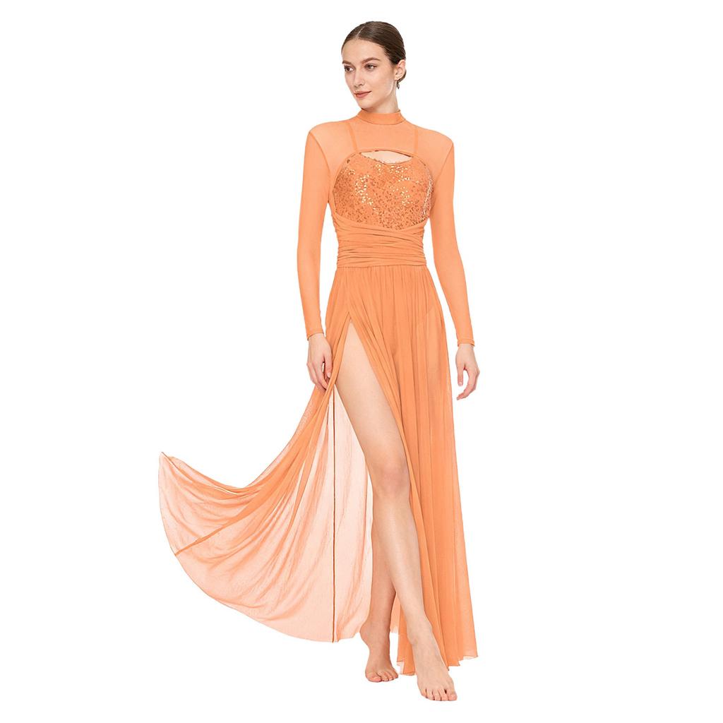 Ladies Sequin Long Sleeve Lyrical Dance Dress Mesh Tulle Flowy Maxi Long Dress Built In Briefs Performance Wear